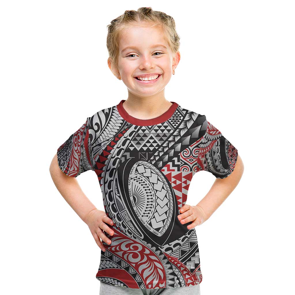 Aotearoa Maori Rugby Tribal Tattoo Kid T Shirt Kowhaiwhai Taniko Patchwork Motifs LT9 Red - Polynesian Pride