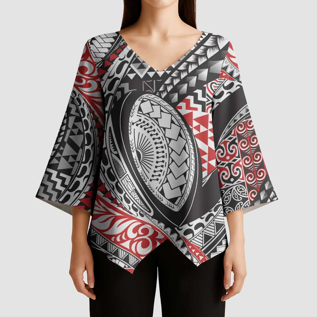 Aotearoa Maori Rugby Tribal Tattoo Kimono Sleeve Blouse Kowhaiwhai Taniko Patchwork Motifs - Polynesian Pride