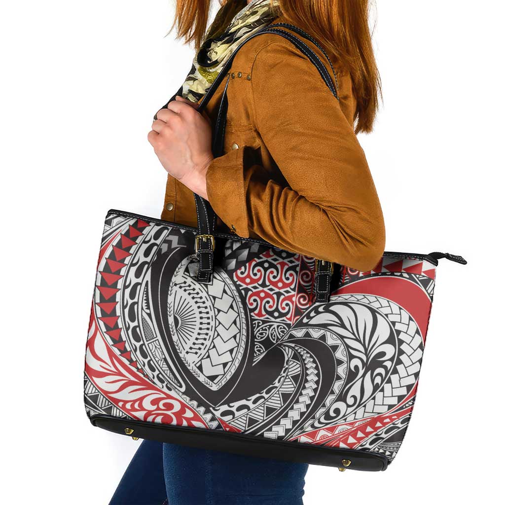 Aotearoa Maori Rugby Tribal Tattoo Leather Tote Bag Kowhaiwhai Taniko Patchwork Motifs LT9 Red - Polynesian Pride