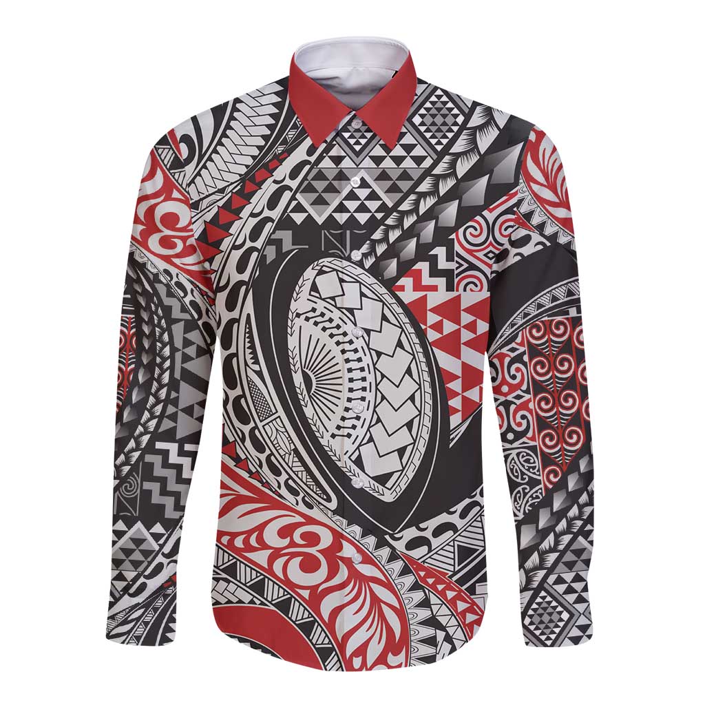 Aotearoa Maori Rugby Tribal Tattoo Long Sleeve Button Shirt Kowhaiwhai Taniko Patchwork Motifs LT9 Unisex Red - Polynesian Pride