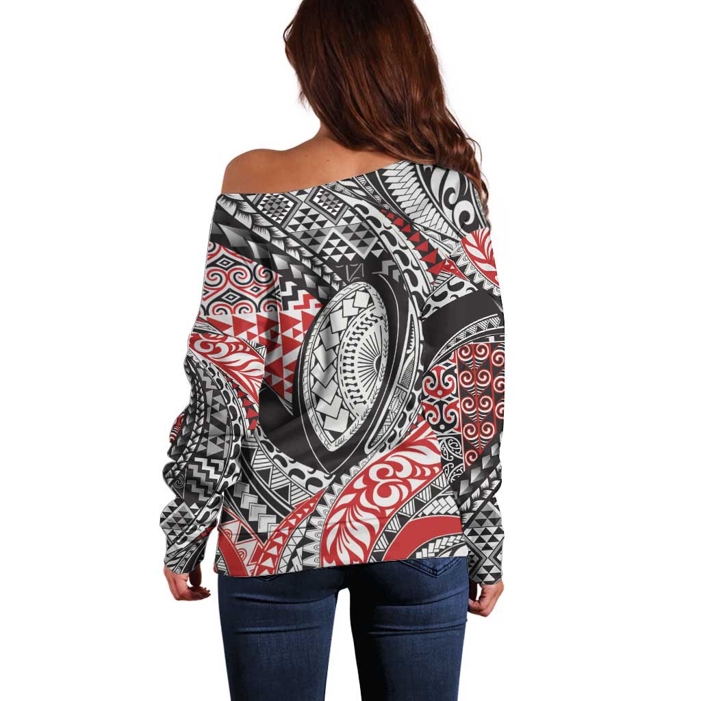 Aotearoa Maori Rugby Tribal Tattoo Off Shoulder Sweater Kowhaiwhai Taniko Patchwork Motifs