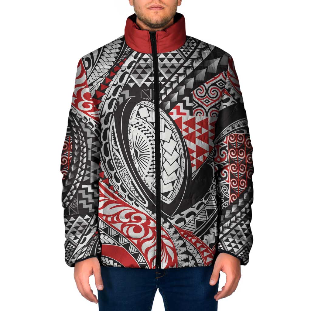 Aotearoa Maori Rugby Tribal Tattoo Padded Jacket Kowhaiwhai Taniko Patchwork Motifs - Polynesian Pride
