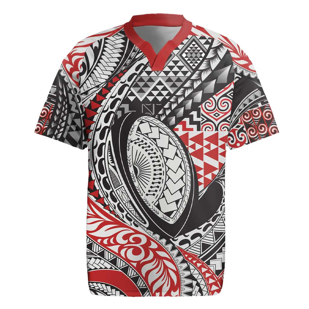 Aotearoa Maori Rugby Tribal Tattoo Rugby Jersey Kowhaiwhai Taniko Patchwork Motifs LT9 Red - Polynesian Pride