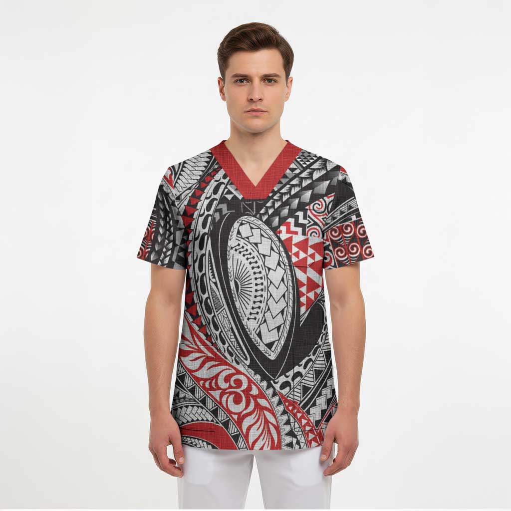 Aotearoa Maori Rugby Tribal Tattoo Scrub Top Kowhaiwhai Taniko Patchwork Motifs - Polynesian Pride