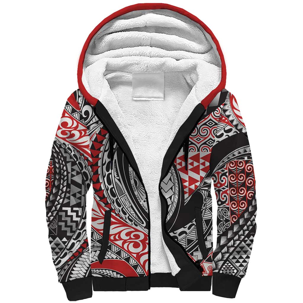 Aotearoa Maori Rugby Tribal Tattoo Sherpa Hoodie Kowhaiwhai Taniko Patchwork Motifs LT9 Unisex Red - Polynesian Pride