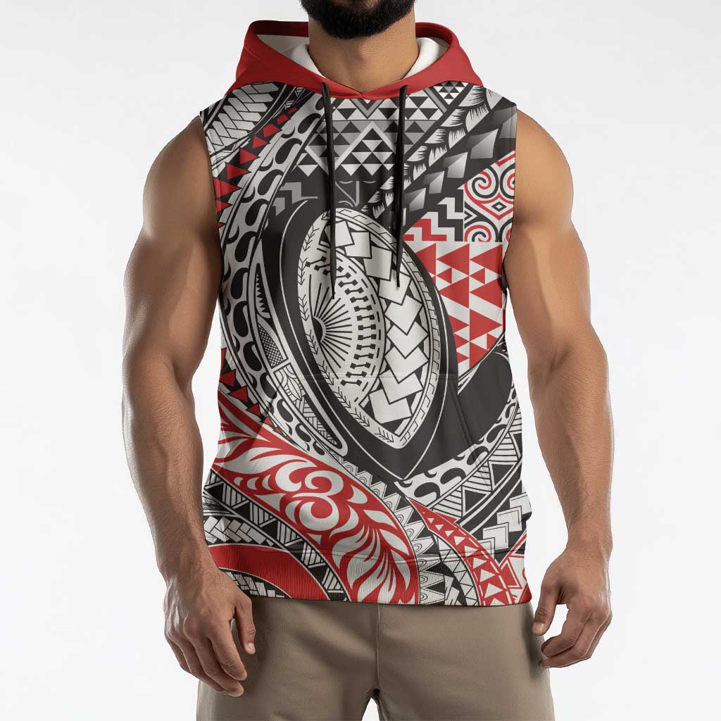 Aotearoa Maori Rugby Tribal Tattoo Sleeveless Hoodie Kowhaiwhai Taniko Patchwork Motifs - Polynesian Pride