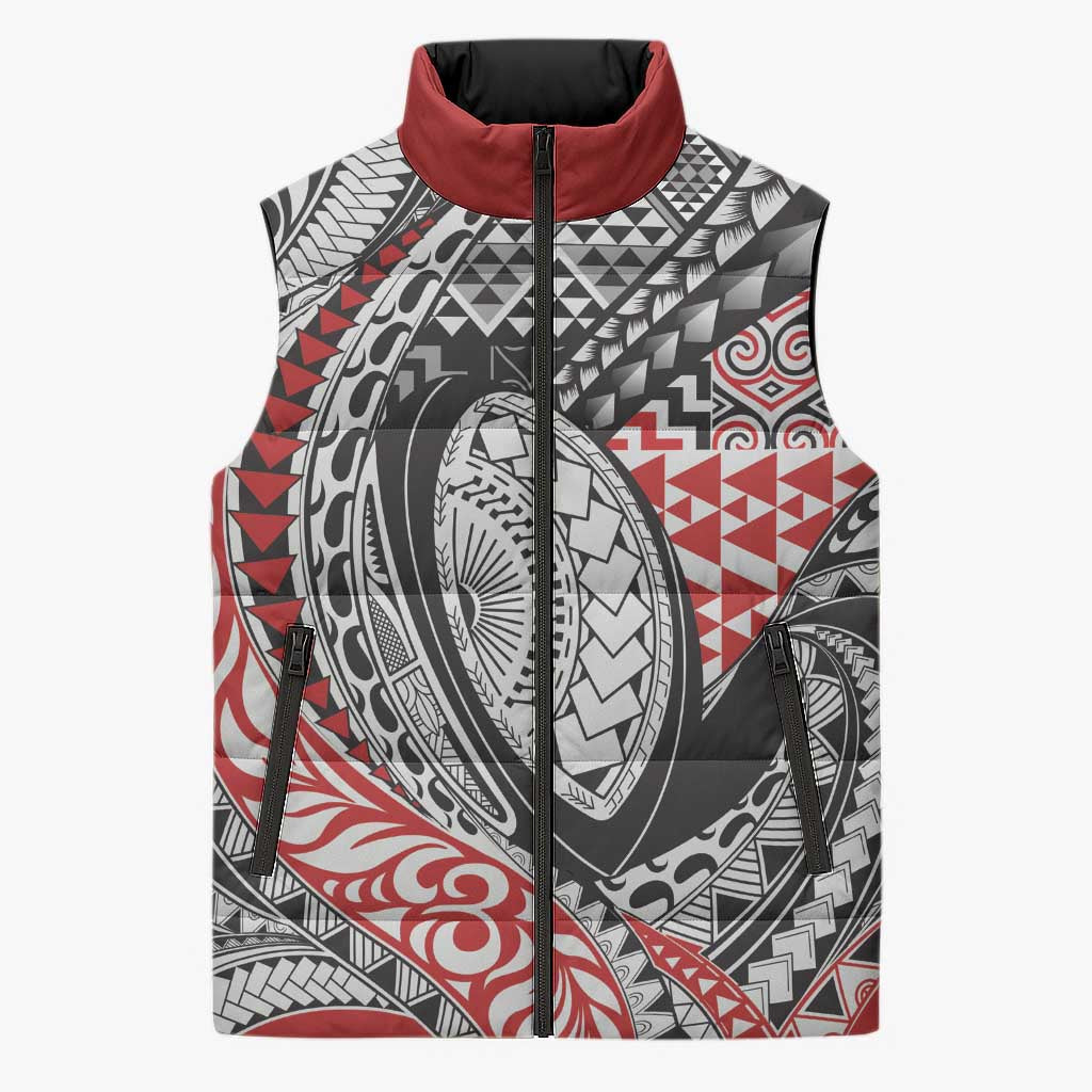 Aotearoa Maori Rugby Tribal Tattoo Sleeveless Puffer Jacket Kowhaiwhai Taniko Patchwork Motifs - Polynesian Pride