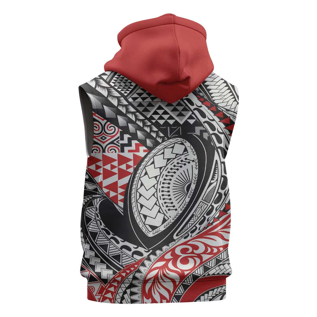 Aotearoa Maori Rugby Tribal Tattoo Sleeveless Zip Hoodie Kowhaiwhai Taniko Patchwork Motifs - Polynesian Pride