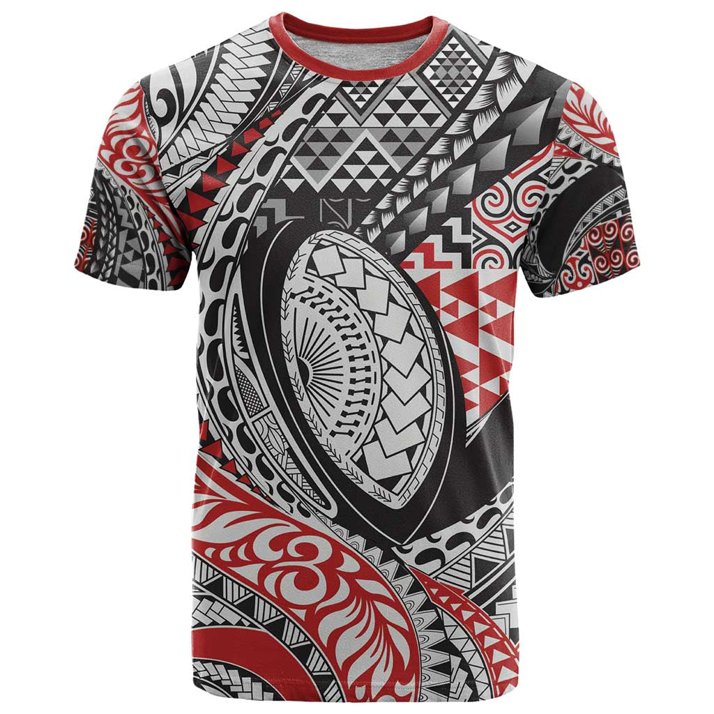 Aotearoa Maori Rugby Tribal Tattoo T Shirt Kowhaiwhai Taniko Patchwork Motifs LT9 Red - Polynesian Pride