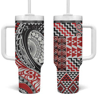 Aotearoa Maori Rugby Tribal Tattoo Tumbler With Handle Kowhaiwhai Taniko Patchwork Motifs LT9 One Size: 40 oz Red - Polynesian Pride