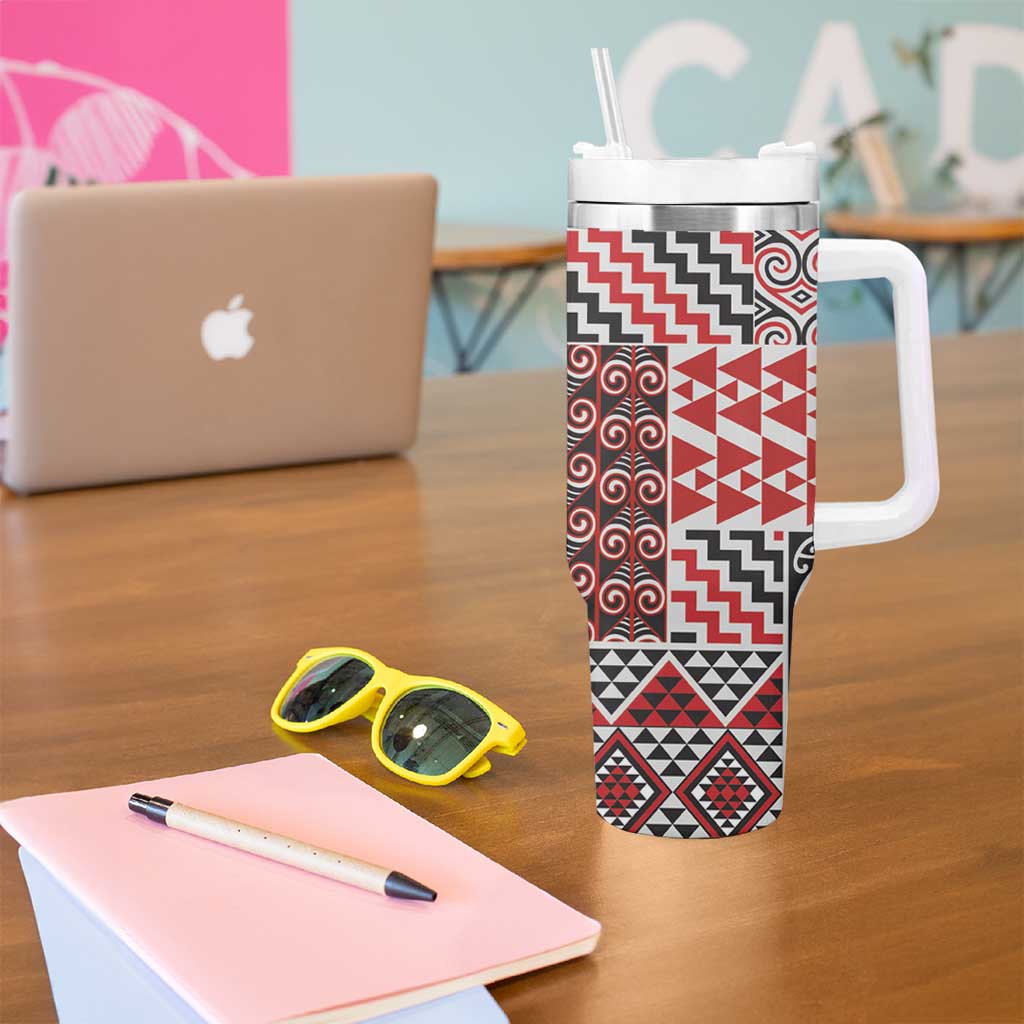Aotearoa Maori Rugby Tribal Tattoo Tumbler With Handle Kowhaiwhai Taniko Patchwork Motifs LT9 - Polynesian Pride
