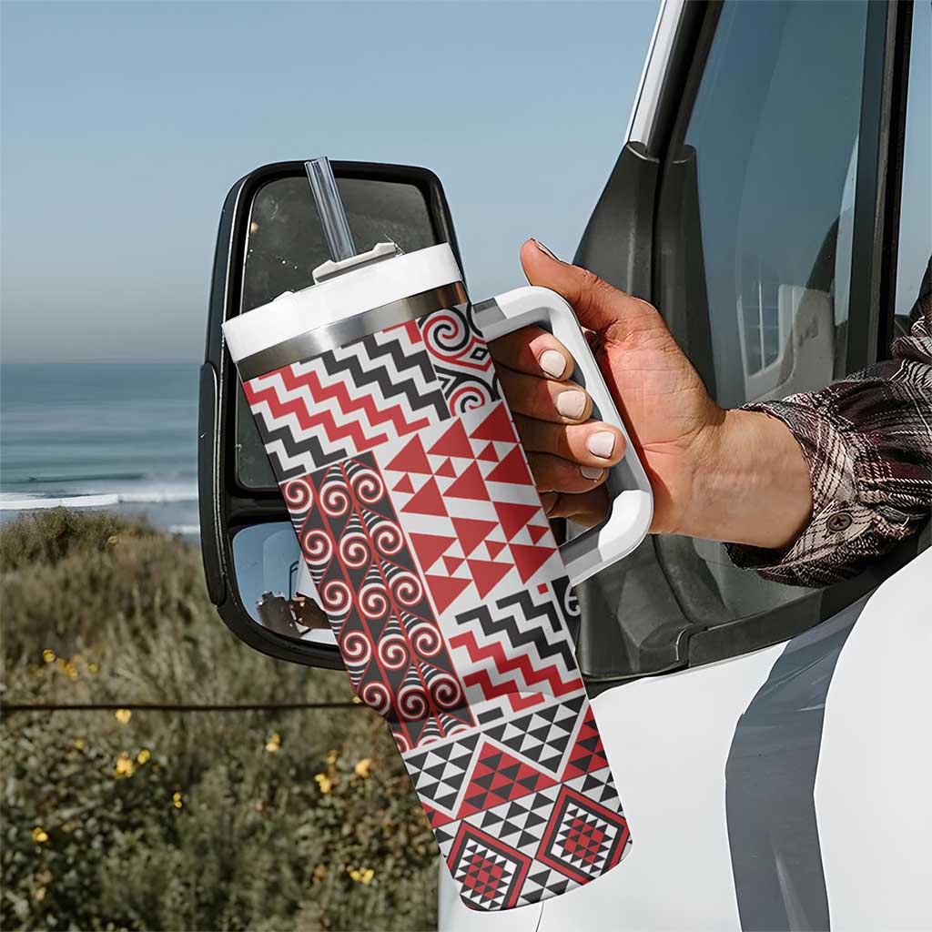 Aotearoa Maori Rugby Tribal Tattoo Tumbler With Handle Kowhaiwhai Taniko Patchwork Motifs LT9 - Polynesian Pride