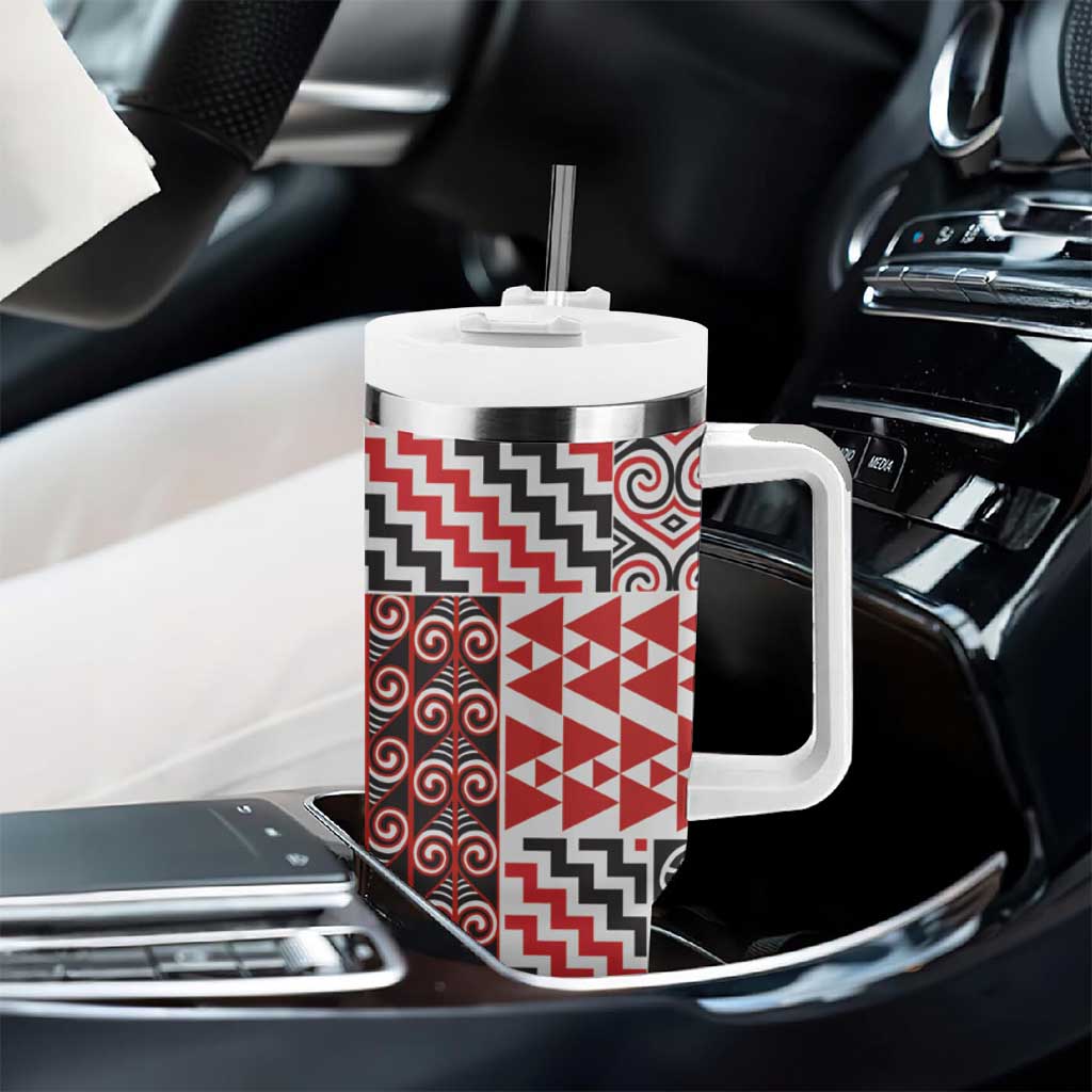 Aotearoa Maori Rugby Tribal Tattoo Tumbler With Handle Kowhaiwhai Taniko Patchwork Motifs LT9 - Polynesian Pride