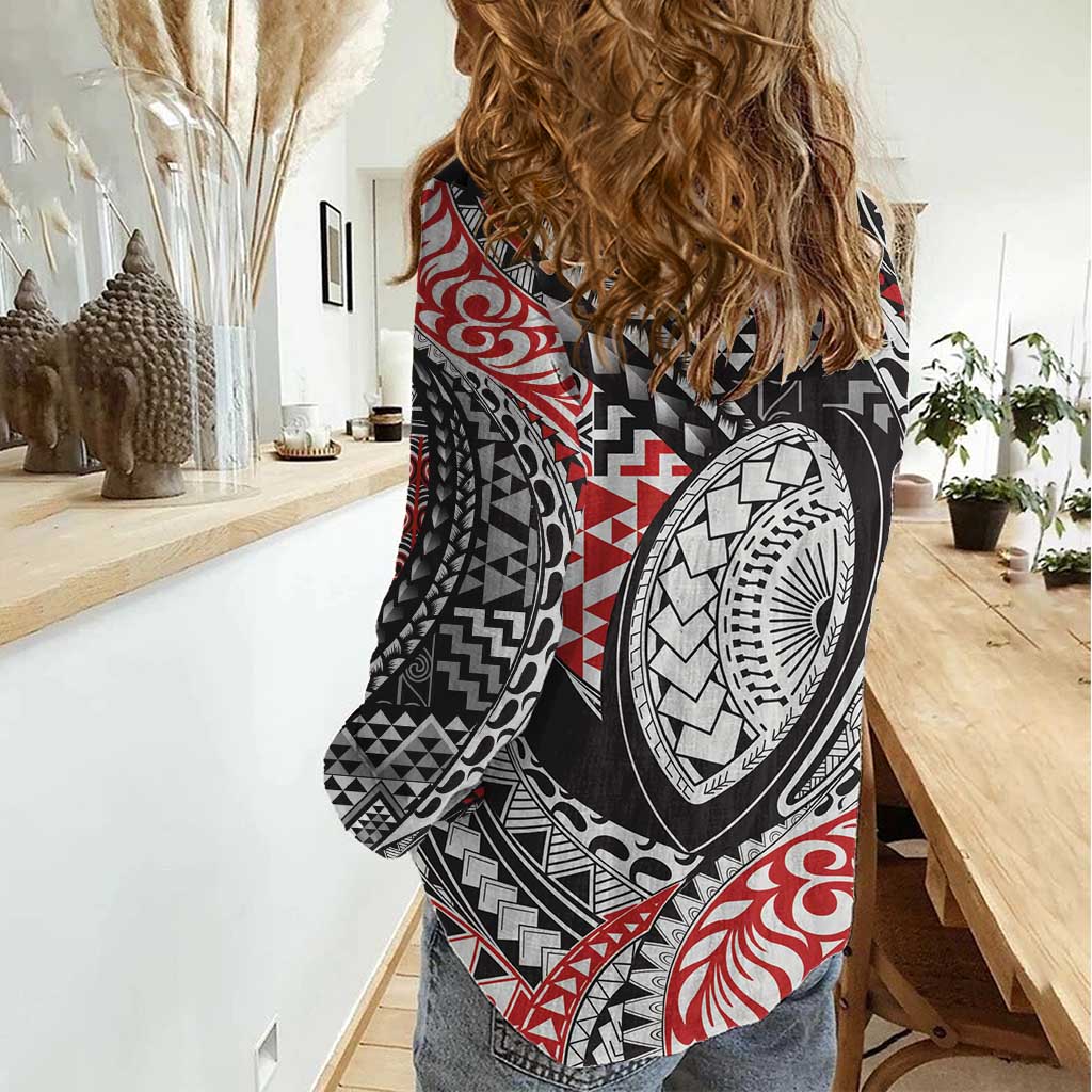 Aotearoa Maori Rugby Tribal Tattoo Women Casual Shirt Kowhaiwhai Taniko Patchwork Motifs LT9 - Polynesian Pride