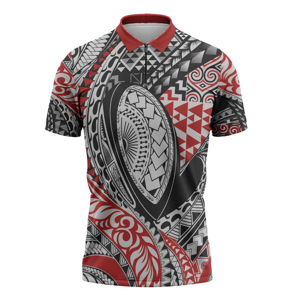 Aotearoa Maori Rugby Tribal Tattoo Zipper Polo Shirt Kowhaiwhai Taniko Patchwork Motifs - Polynesian Pride
