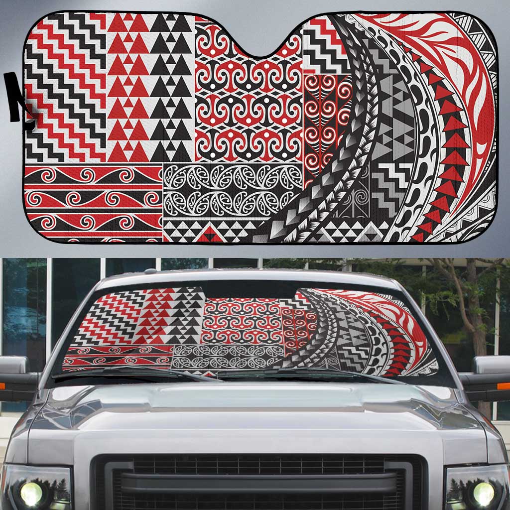 Aotearoa Maori Tribal Tattoo Auto Sun Shade Kowhaiwhai Taniko Patchwork Motifs - Polynesian Pride