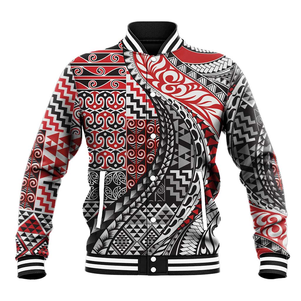 Aotearoa Maori Tribal Tattoo Baseball Jacket Kowhaiwhai Taniko Patchwork Motifs LT9 Unisex Red - Polynesian Pride