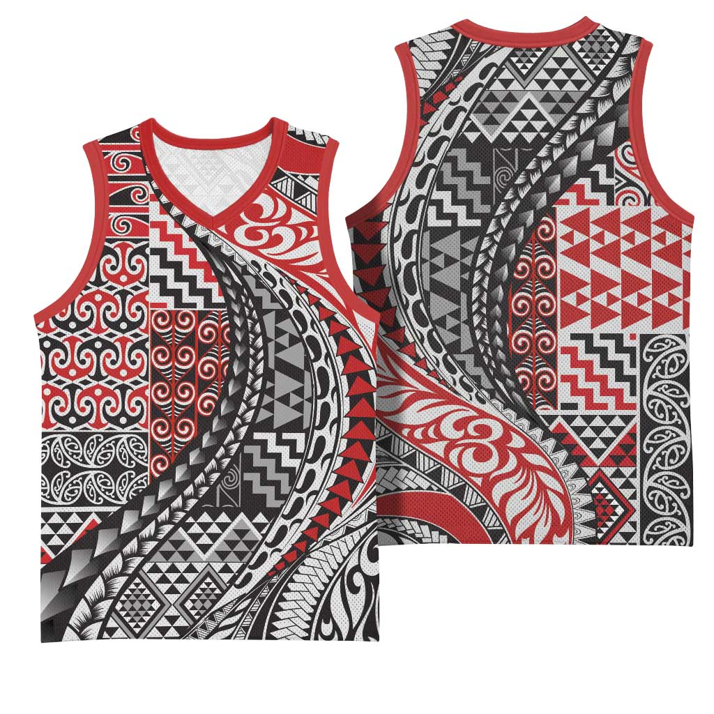 Aotearoa Maori Tribal Tattoo Basketball Jersey Kowhaiwhai Taniko Patchwork Motifs - Polynesian Pride