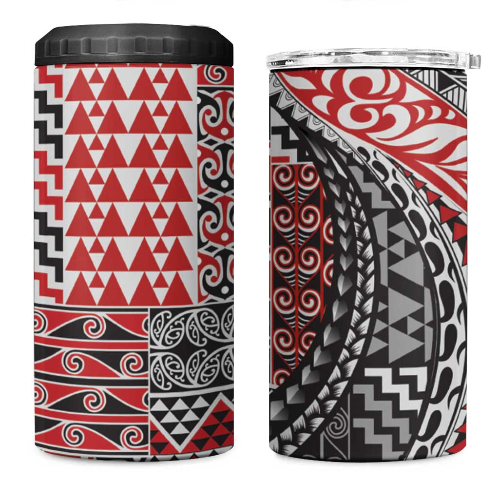 Aotearoa Maori Tribal Tattoo 4 in 1 Can Cooler Tumbler Kowhaiwhai Taniko Patchwork Motifs LT9 One Size: 16 oz Red - Polynesian Pride