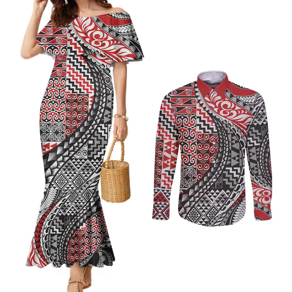 Aotearoa Maori Tribal Tattoo Couples Matching Mermaid Dress and Long Sleeve Button Shirt Kowhaiwhai Taniko Patchwork Motifs LT9 Red - Polynesian Pride