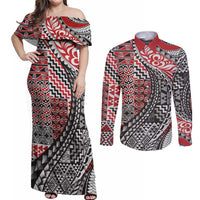 Aotearoa Maori Tribal Tattoo Couples Matching Off Shoulder Maxi Dress and Long Sleeve Button Shirt Kowhaiwhai Taniko Patchwork Motifs LT9 Red - Polynesian Pride