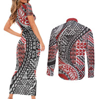 Aotearoa Maori Tribal Tattoo Couples Matching Short Sleeve Bodycon Dress and Long Sleeve Button Shirt Kowhaiwhai Taniko Patchwork Motifs
