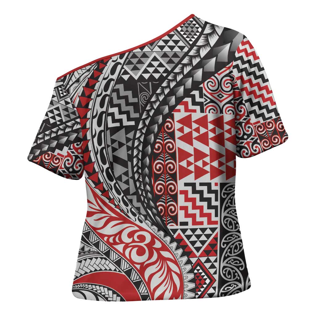 Aotearoa Maori Tribal Tattoo Cross Shoulder Shirt Kowhaiwhai Taniko Patchwork Motifs - Polynesian Pride