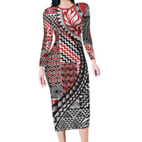 Aotearoa Maori Tribal Tattoo Family Matching Long Sleeve Bodycon Dress and Hawaiian Shirt Kowhaiwhai Taniko Patchwork Motifs LT9 Mom's Dress Red - Polynesian Pride