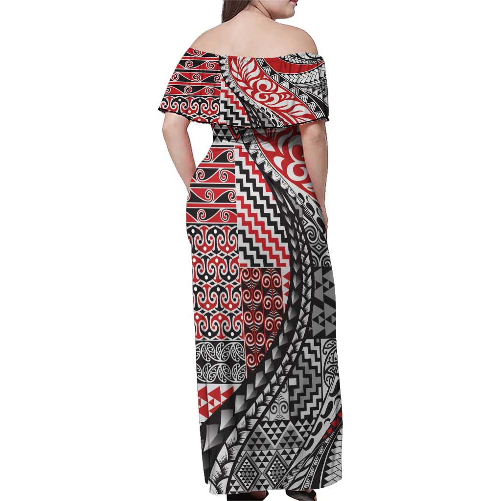 Aotearoa Maori Tribal Tattoo Family Matching Off Shoulder Maxi Dress and Hawaiian Shirt Kowhaiwhai Taniko Patchwork Motifs LT9 - Polynesian Pride