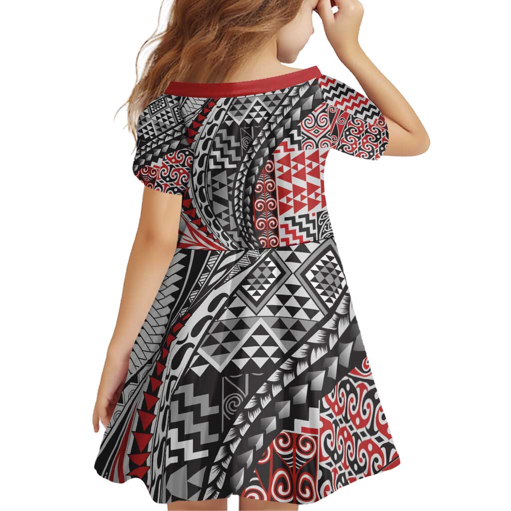 Aotearoa Maori Tribal Tattoo Family Matching Off Shoulder Short Dress and Hawaiian Shirt Kowhaiwhai Taniko Patchwork Motifs LT9 - Polynesian Pride