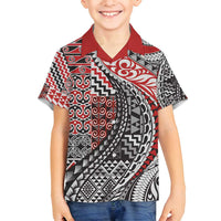 Aotearoa Maori Tribal Tattoo Family Matching Off Shoulder Short Dress and Hawaiian Shirt Kowhaiwhai Taniko Patchwork Motifs LT9 Son's Shirt Red - Polynesian Pride