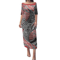 Aotearoa Maori Tribal Tattoo Family Matching Puletasi and Hawaiian Shirt Kowhaiwhai Taniko Patchwork Motifs LT9 Mom's Dress Red - Polynesian Pride