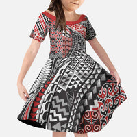 Aotearoa Maori Tribal Tattoo Family Matching Short Sleeve Bodycon Dress and Hawaiian Shirt Kowhaiwhai Taniko Patchwork Motifs LT9 Daughter's Dress Red - Polynesian Pride