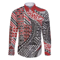 Aotearoa Maori Tribal Tattoo Family Matching Short Sleeve Bodycon Dress and Hawaiian Shirt Kowhaiwhai Taniko Patchwork Motifs LT9 Dad's Shirt - Long Sleeve Red - Polynesian Pride