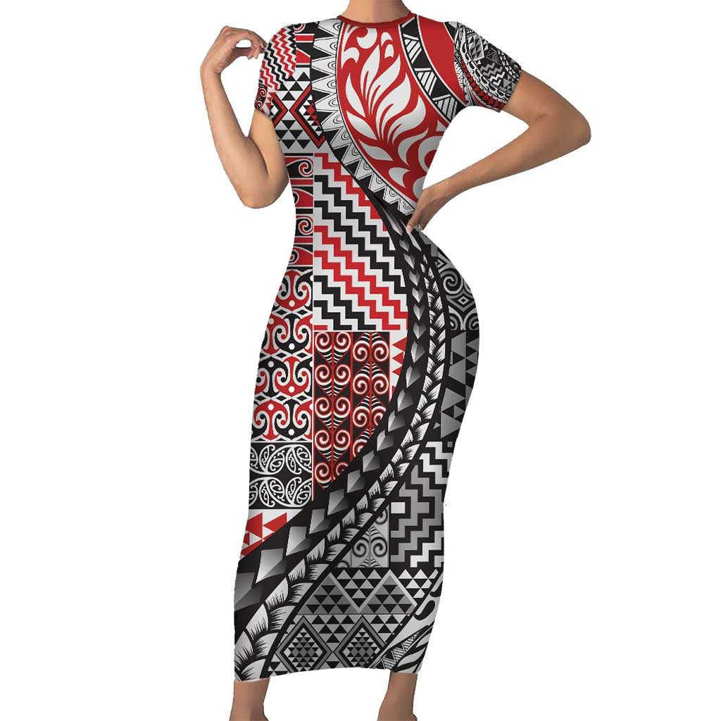 Aotearoa Maori Tribal Tattoo Family Matching Short Sleeve Bodycon Dress and Hawaiian Shirt Kowhaiwhai Taniko Patchwork Motifs LT9 Mom's Dress Red - Polynesian Pride