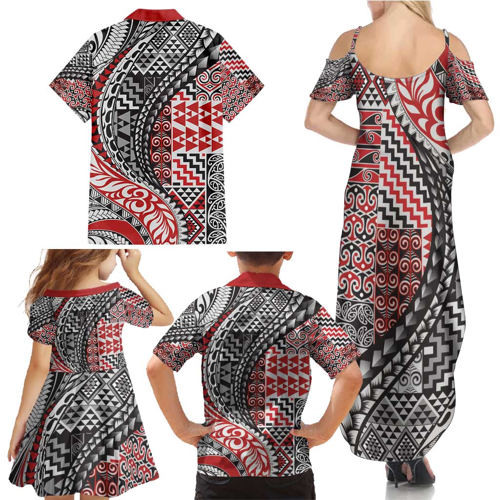Aotearoa Maori Tribal Tattoo Family Matching Summer Maxi Dress and Hawaiian Shirt Kowhaiwhai Taniko Patchwork Motifs LT9 - Polynesian Pride