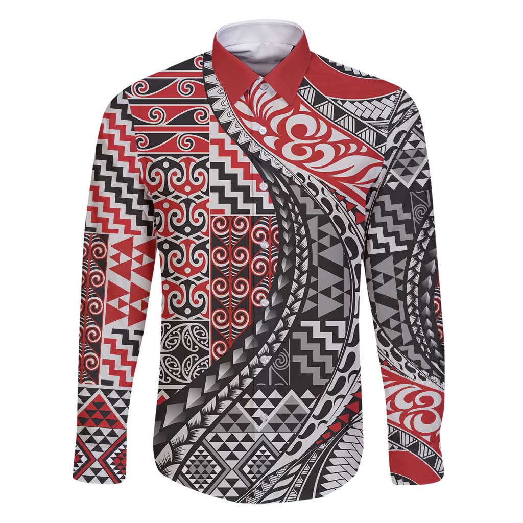 Aotearoa Maori Tribal Tattoo Family Matching Summer Maxi Dress and Hawaiian Shirt Kowhaiwhai Taniko Patchwork Motifs LT9 Dad's Shirt - Long Sleeve Red - Polynesian Pride
