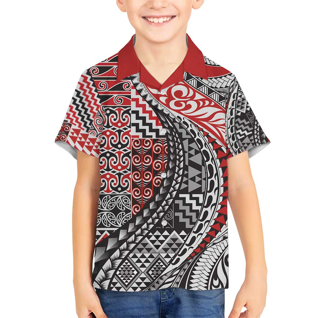 Aotearoa Maori Tribal Tattoo Family Matching Summer Maxi Dress and Hawaiian Shirt Kowhaiwhai Taniko Patchwork Motifs LT9 Son's Shirt Red - Polynesian Pride