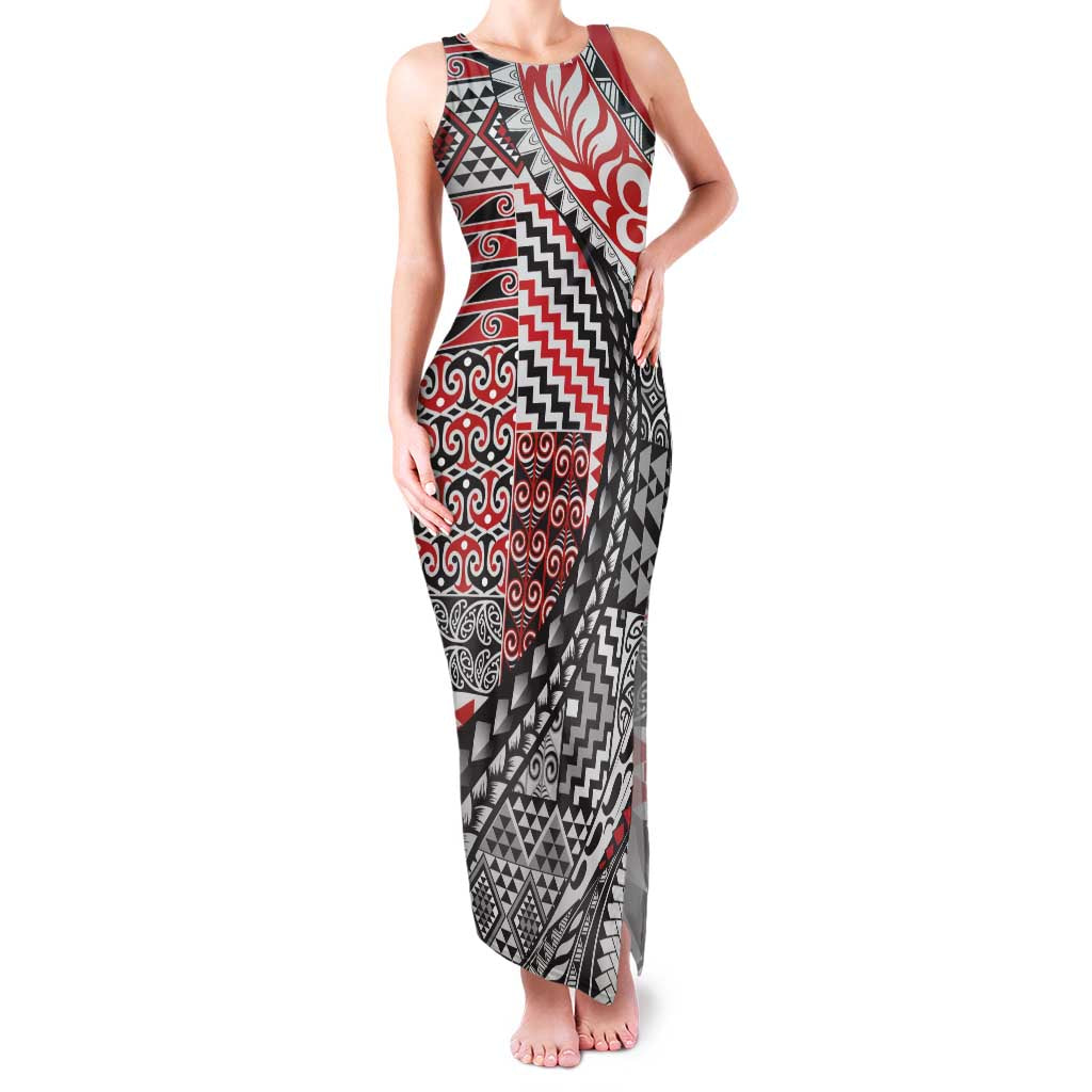 Aotearoa Maori Tribal Tattoo Family Matching Tank Maxi Dress and Hawaiian Shirt Kowhaiwhai Taniko Patchwork Motifs LT9 Mom's Dress Red - Polynesian Pride