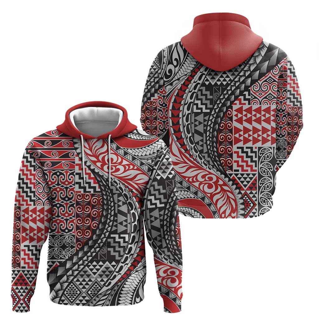 Aotearoa Maori Tribal Tattoo Hoodie Kowhaiwhai Taniko Patchwork Motifs