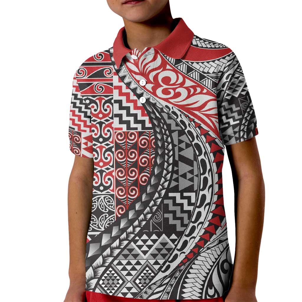 Aotearoa Maori Tribal Tattoo Kid Polo Shirt Kowhaiwhai Taniko Patchwork Motifs LT9 Kid Red - Polynesian Pride