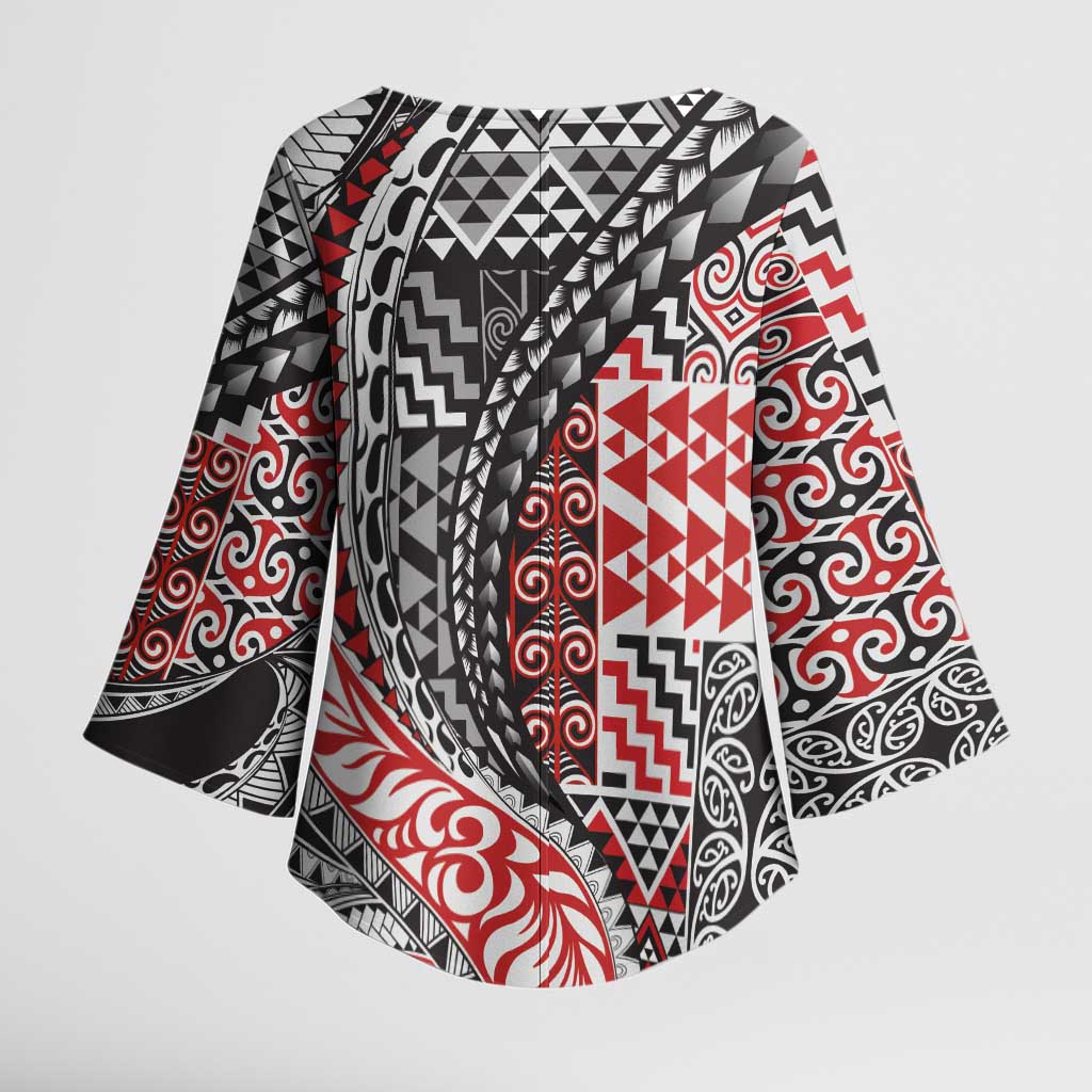 Aotearoa Maori Tribal Tattoo Kimono Sleeve Blouse Kowhaiwhai Taniko Patchwork Motifs - Polynesian Pride