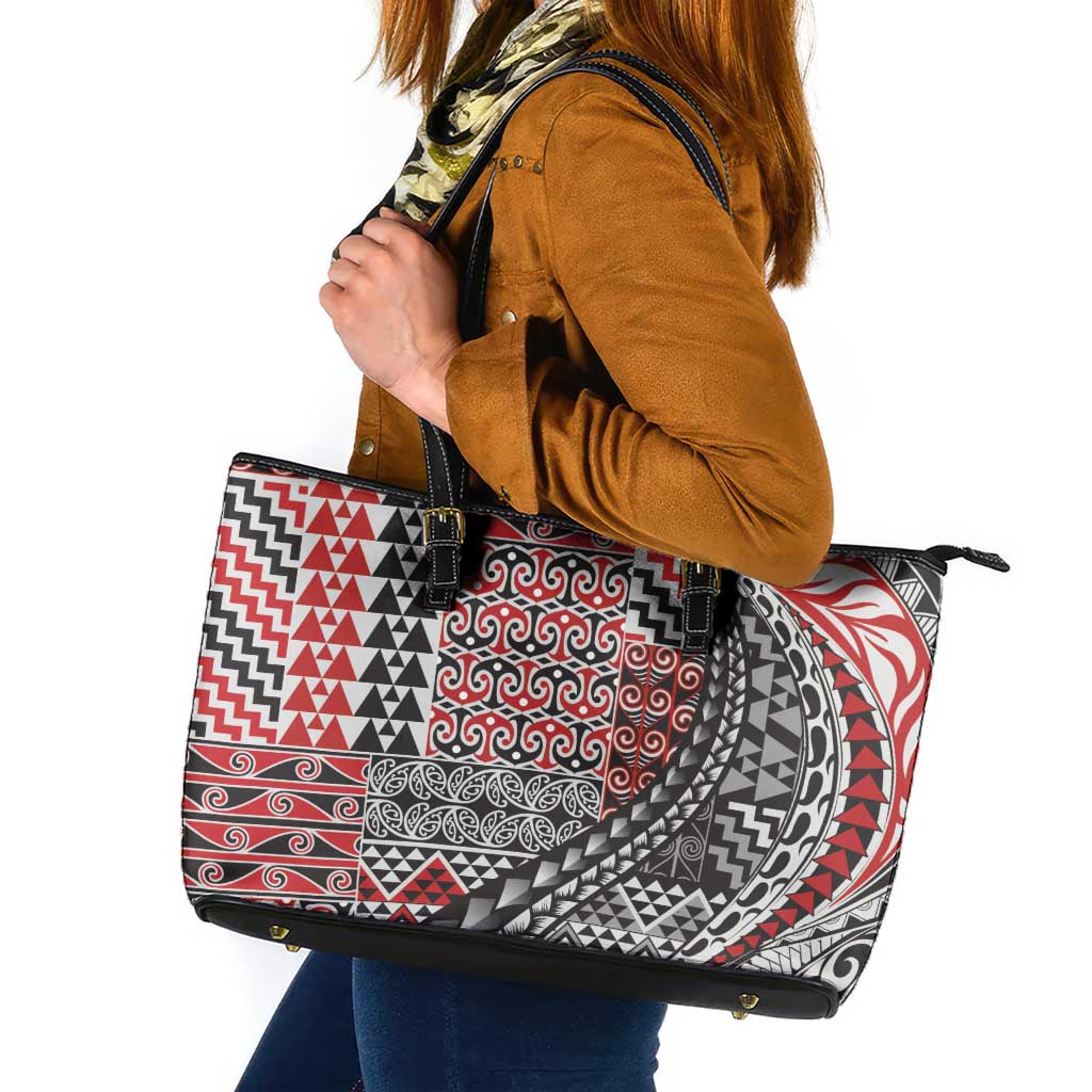 Aotearoa Maori Tribal Tattoo Leather Tote Bag Kowhaiwhai Taniko Patchwork Motifs LT9 Red - Polynesian Pride