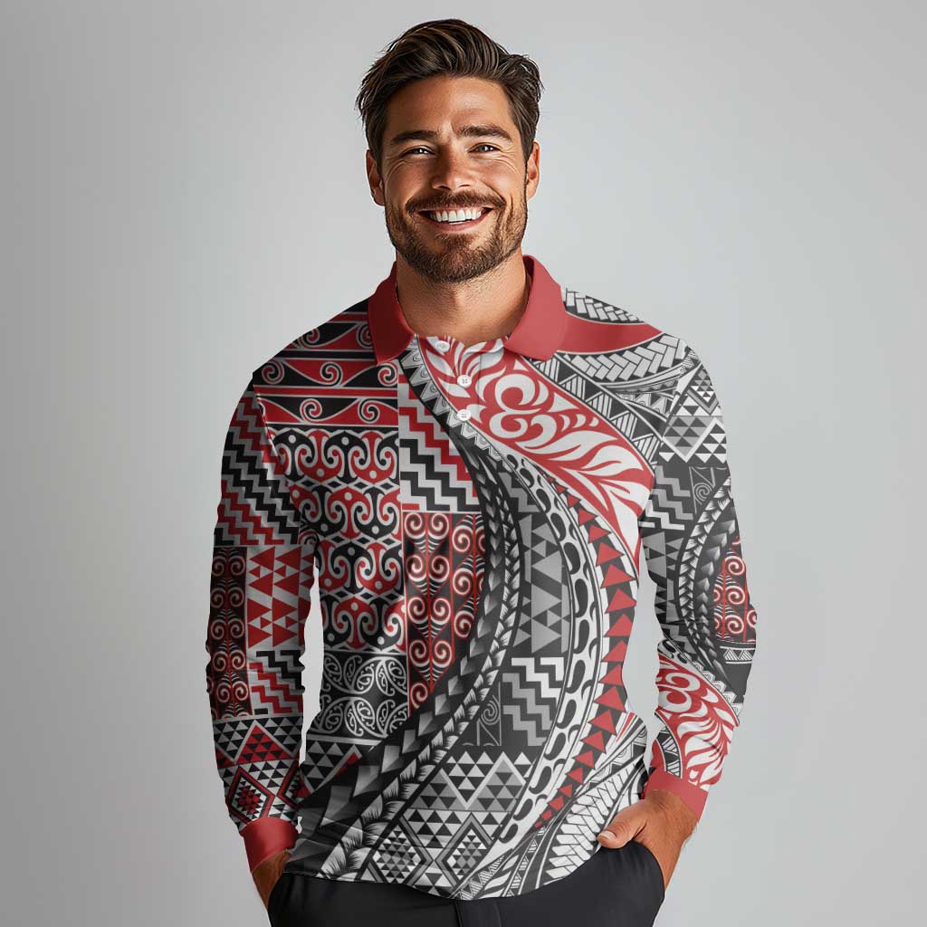 Aotearoa Maori Tribal Tattoo Long Sleeve Polo Shirt Kowhaiwhai Taniko Patchwork Motifs