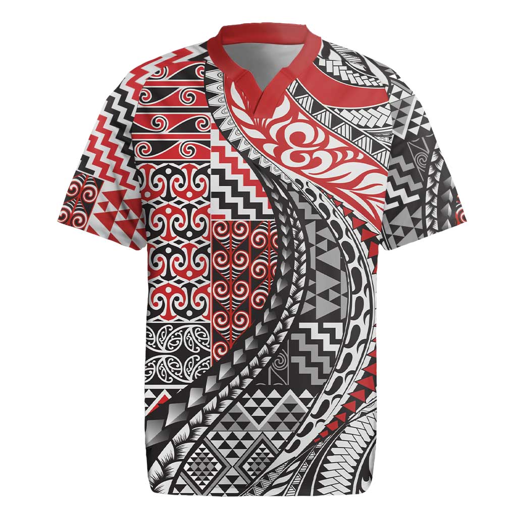 Aotearoa Maori Tribal Tattoo Rugby Jersey Kowhaiwhai Taniko Patchwork Motifs LT9 Red - Polynesian Pride