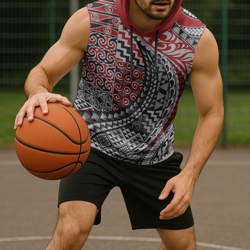 Aotearoa Maori Tribal Tattoo Sleeveless Hoodie Kowhaiwhai Taniko Patchwork Motifs - Polynesian Pride