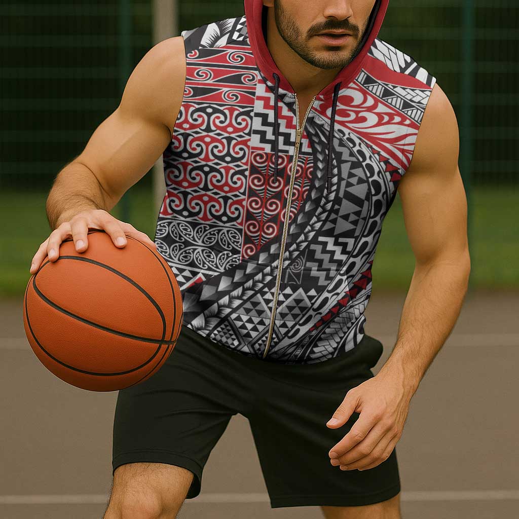Aotearoa Maori Tribal Tattoo Sleeveless Zip Hoodie Kowhaiwhai Taniko Patchwork Motifs - Polynesian Pride