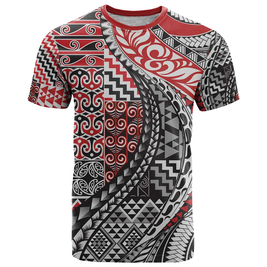 Aotearoa Maori Tribal Tattoo T Shirt Kowhaiwhai Taniko Patchwork Motifs LT9 Red - Polynesian Pride