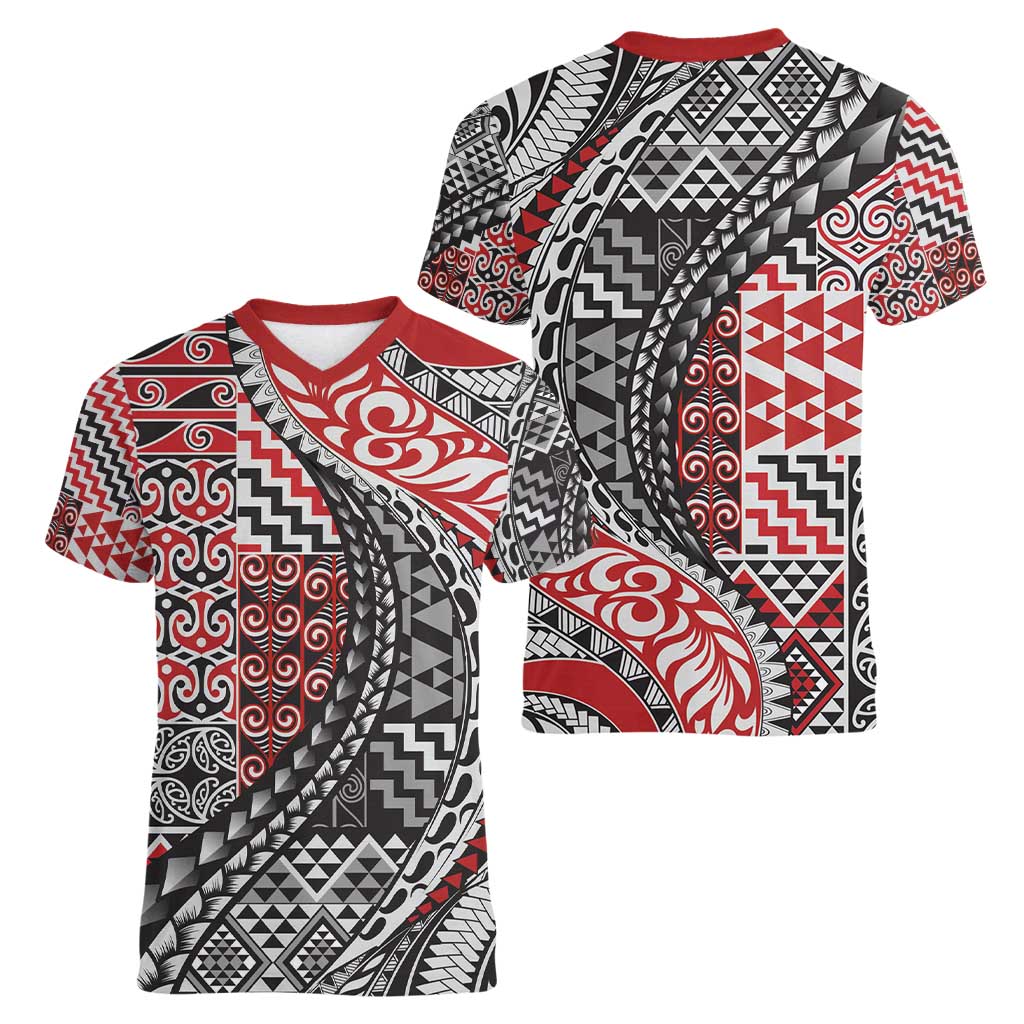 Aotearoa Maori Tribal Tattoo Women V-Neck T-Shirt Kowhaiwhai Taniko Patchwork Motifs LT9 - Polynesian Pride