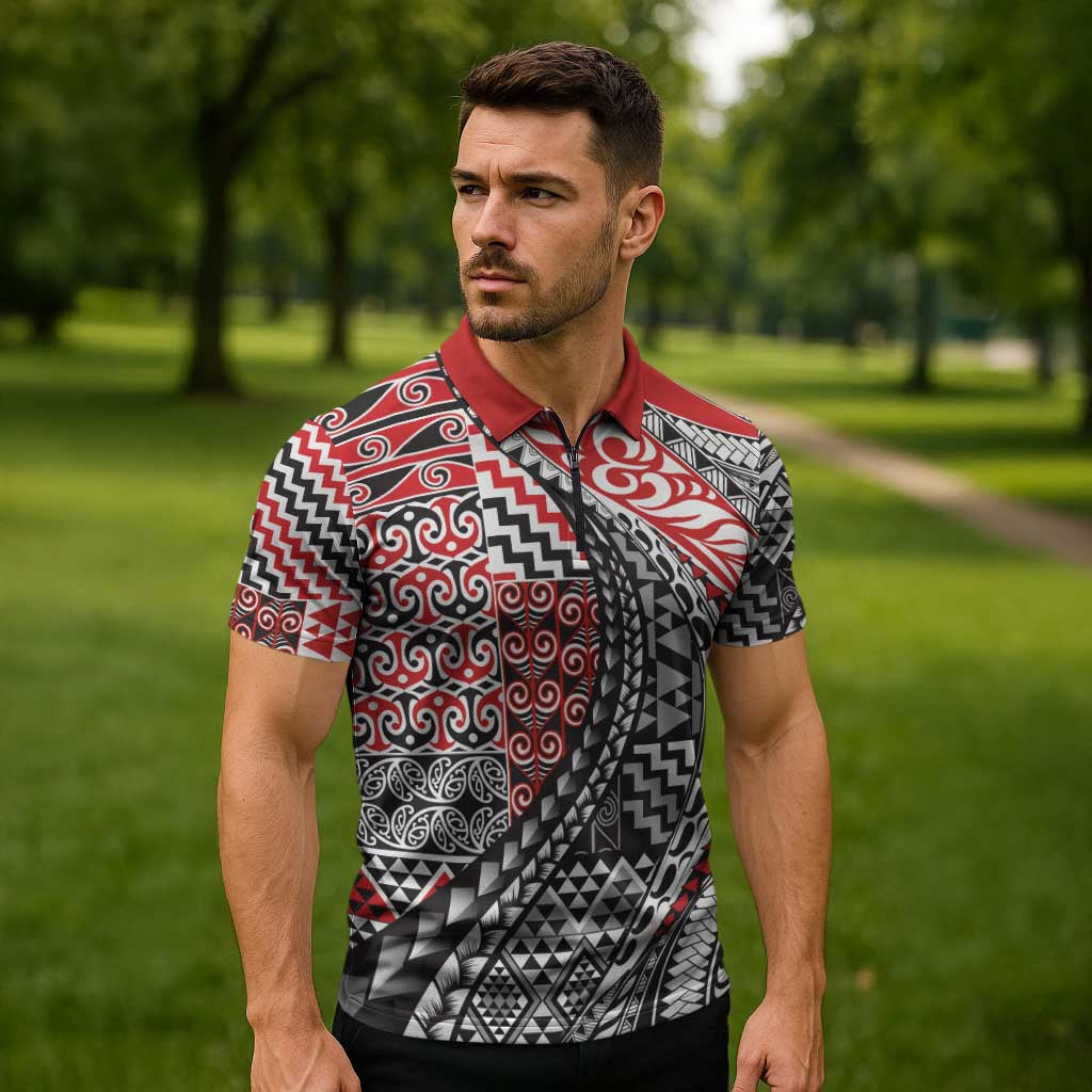 Aotearoa Maori Tribal Tattoo Zipper Polo Shirt Kowhaiwhai Taniko Patchwork Motifs - Polynesian Pride